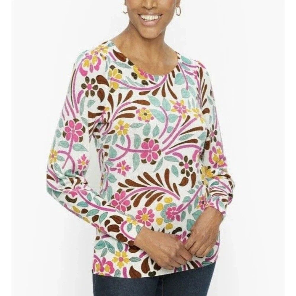 Talbots Merino Wool long puff shoulder sleeve floral print 2X